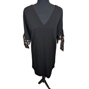 Skies Are Blue Mini Dress Black Animal Print Short Tie Sleeve Oversized Small